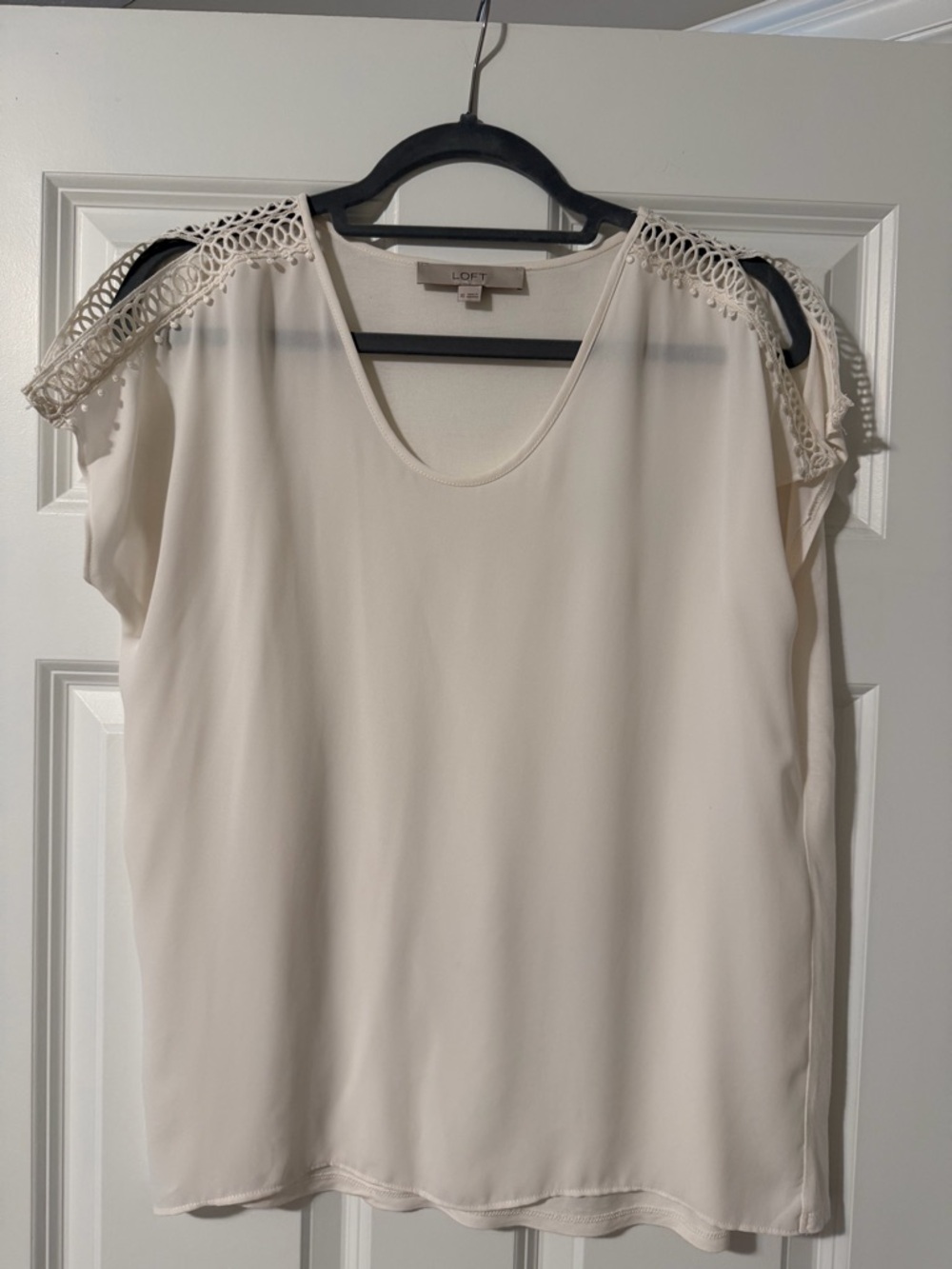 LOFT Cream Crochet-Trim Cold-Shoulder Blouse
